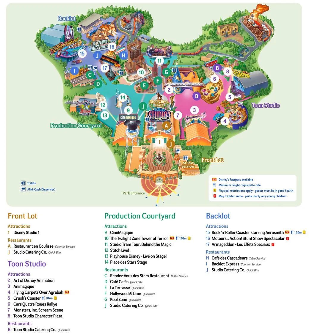 Consulter et imprimer la carte du parc Walt Disney Studios au format A4 portait (plan téléchargeable en pdf ou jpg). Plan du parc Walt Disney Studios à consulter, télécharger et imprimer.